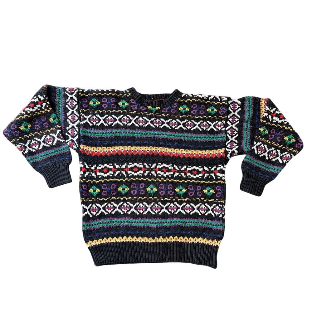Vintage Nordstrom Fair Isle Cotton Sweater Heavy Knit Medium 90s Retro Cabin Ski